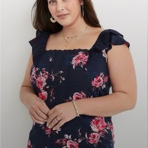 NWOT Maurices Floral Eyelet Trim Flutter Sleeve Top Size 3X Navy and Pink